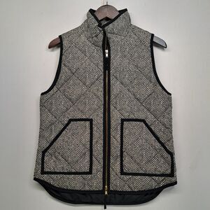 J. Crew Ivory Black Herringbone Print Quilted Zipper Vest Small Outdoor Gorp